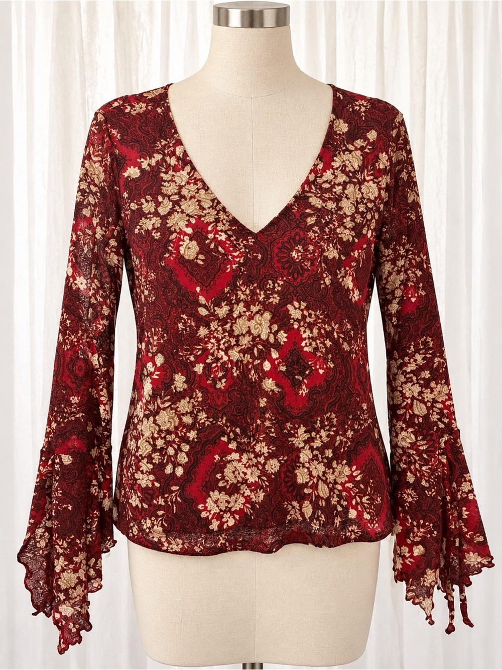 Flowing V-Neck Floral Blouse in Burgundy and Cream